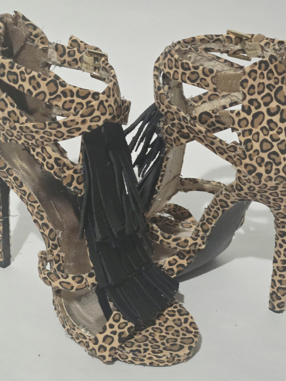 Leopard Print Strappy High Heels with Black Fringe Detail